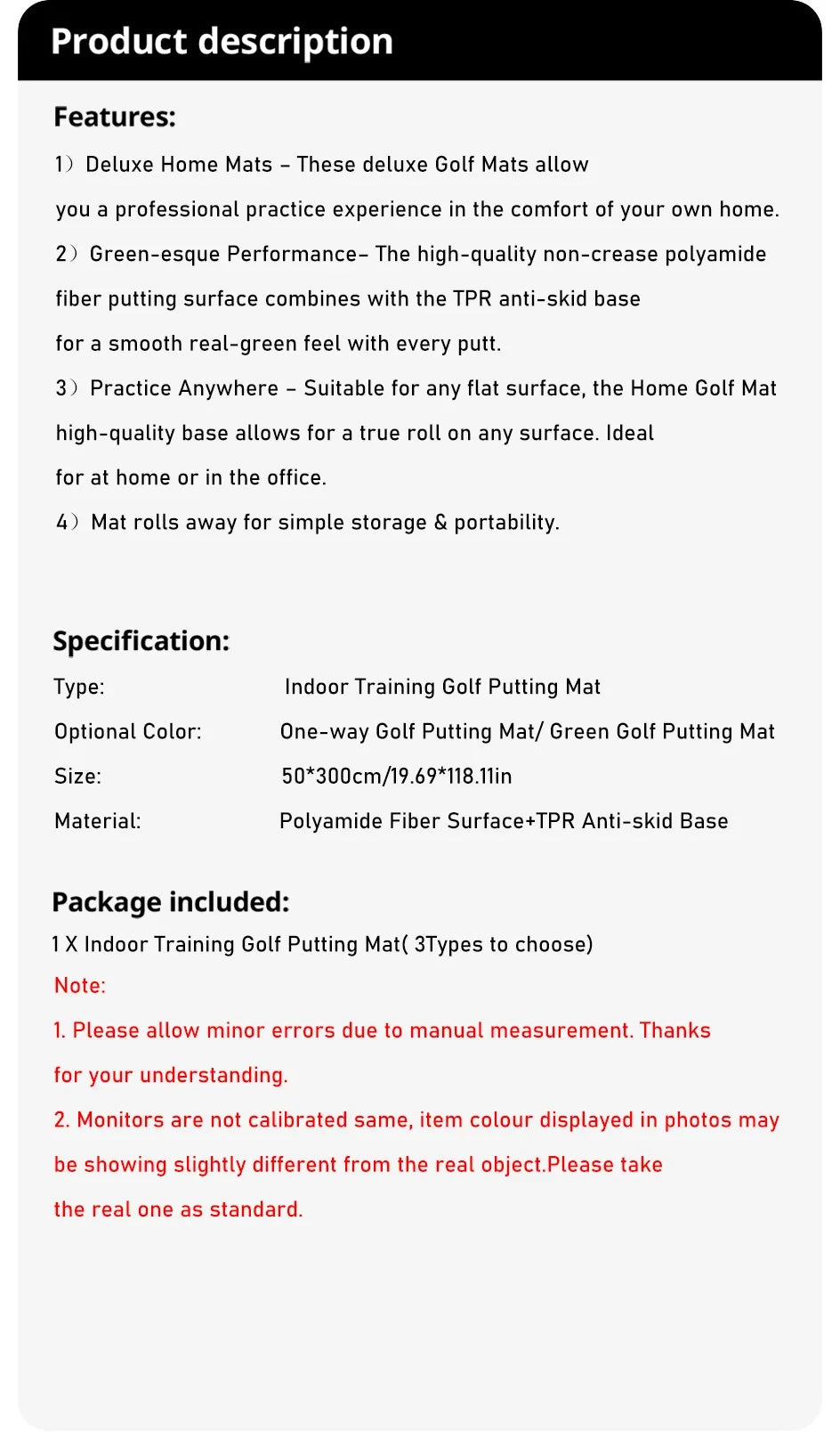 Golf Putting Carpet 50X300cm Golf Mat Lightweight Golf Training Pads Portable Putter Practice Indoor Outdoor Golf Sports