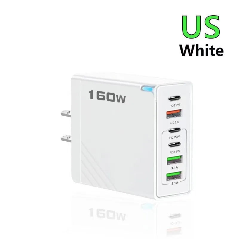 160W 6 Ports Fast Charger USB Type C Quick Mobile Phone Charger EU US UK Plug Charger Adapter For iPhone 16 Pro Samsung Xiaomo
