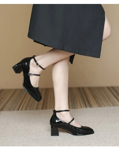 Leather Mary Jane Pumps Buckle Strap Shallow Square Toe High Heel Women