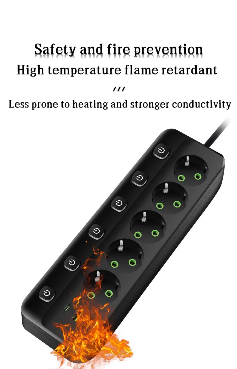 EU Plug Electrical Socket with 3/5 AC Outlets 2 USB Ports + 1 Type C 6/8-in-1 Plug Socket Adapter 2M Power Strip for Home Office