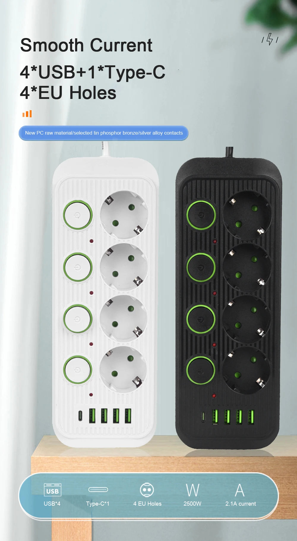 EU Plug Power Strip With USB Ports 2m Extension Cable Surge Protector