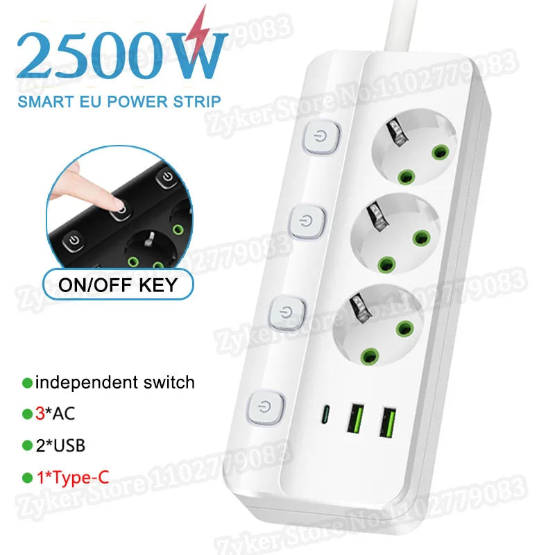 EU Plug Electrical Socket with 3/5 AC Outlets 2 USB Ports + 1 Type C 6/8-in-1 Plug Socket Adapter 2M Power Strip for Home Office