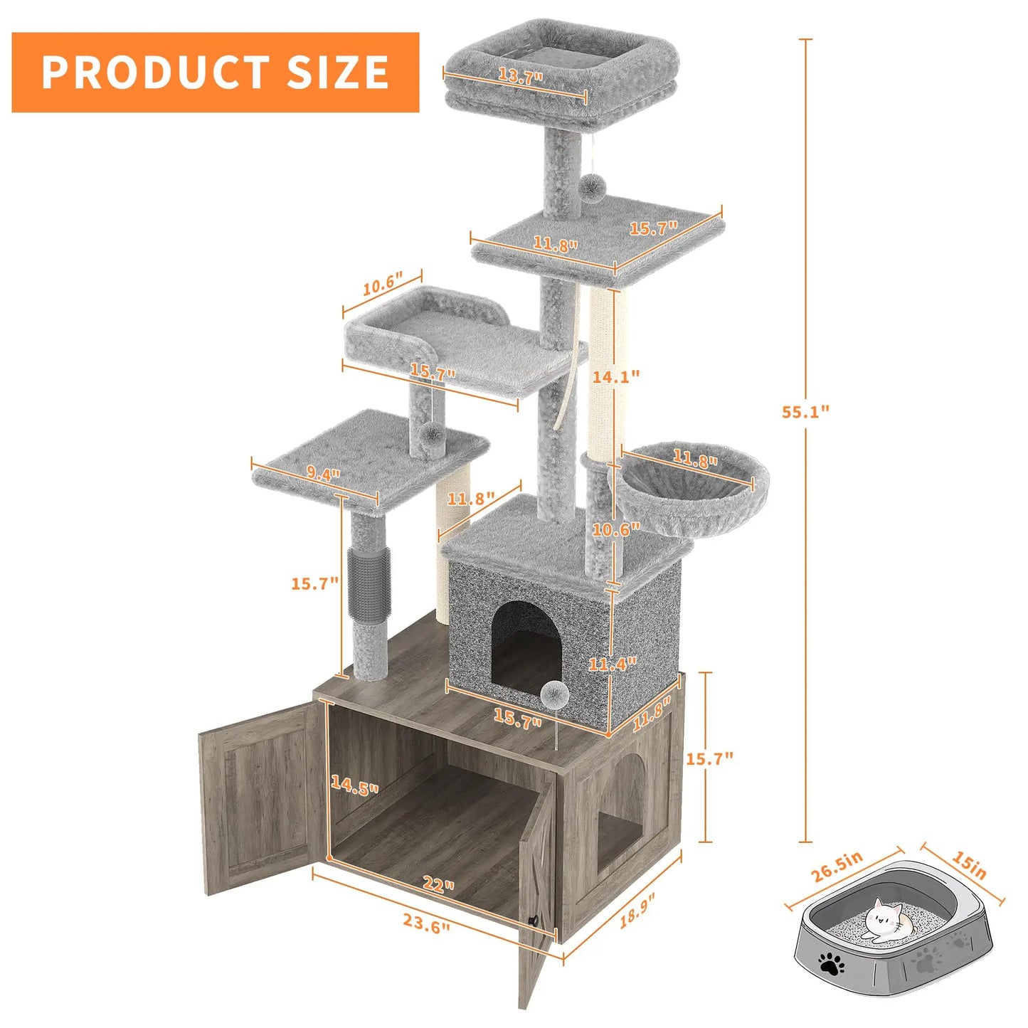 55" 2-in-1 Cat Tree With Litter Box Enclosure Multilevel Cat Play House Large Condo Hammock Scratching Post Odor Control Indoor