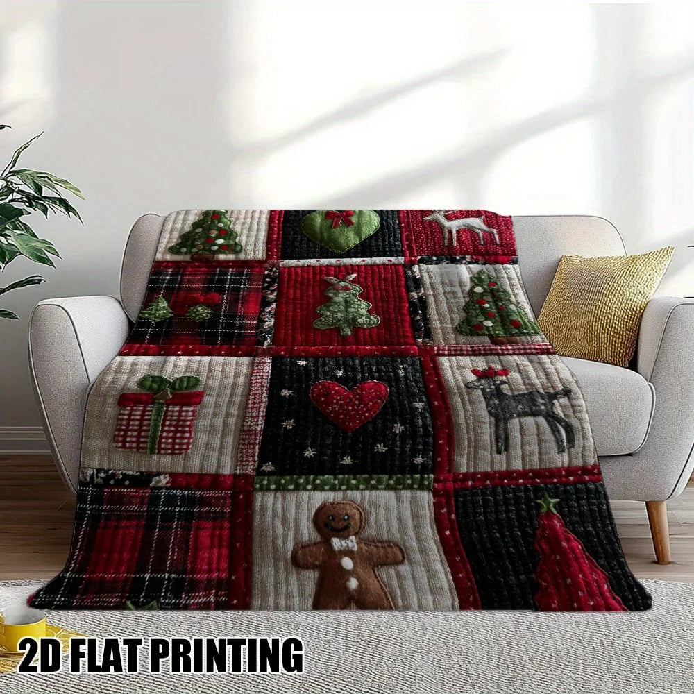 Cozy Christmas Throw Blanket – Soft Plaid with Candy, Santa & Reindeer for Sofa or Bed