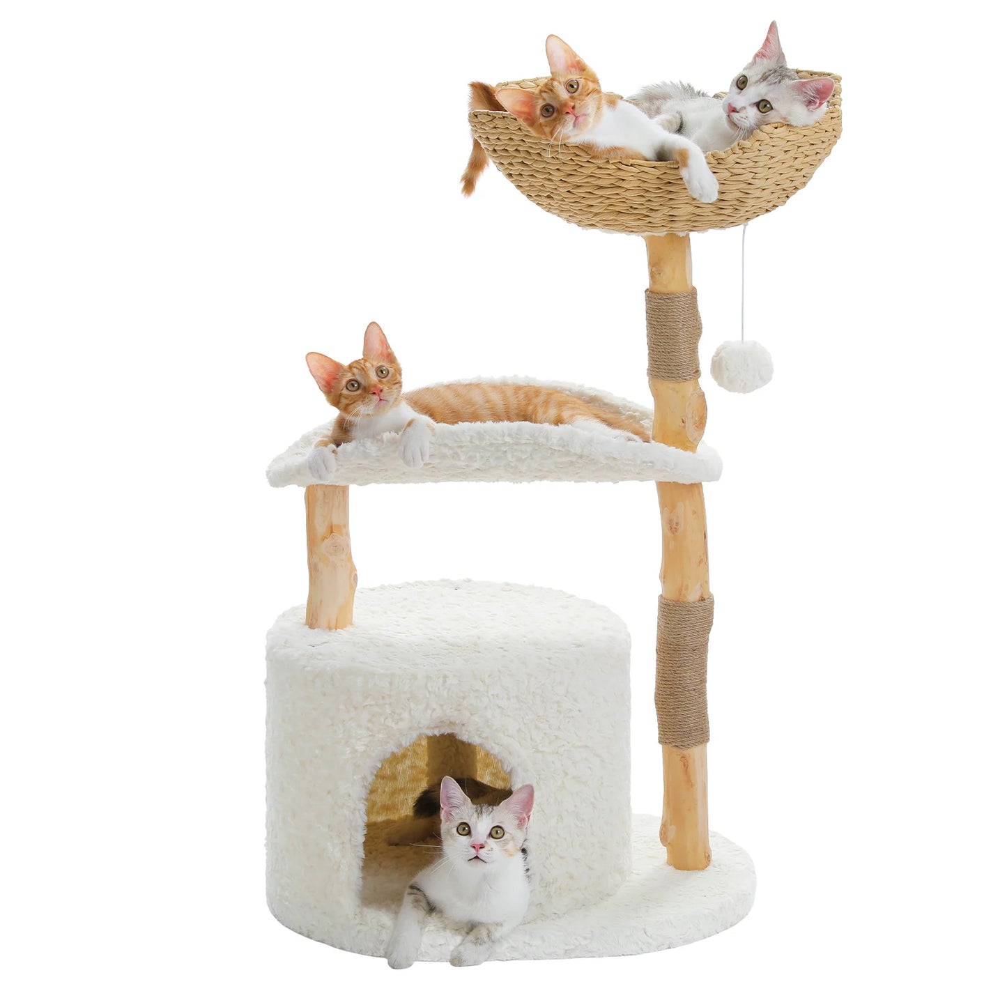 Solid Wood Cat Tree Modern Cat Tower with Spacious Cat Condo,Flower Perches,Fun Pompom,Double Comfort Perfect for Indoor Kittes