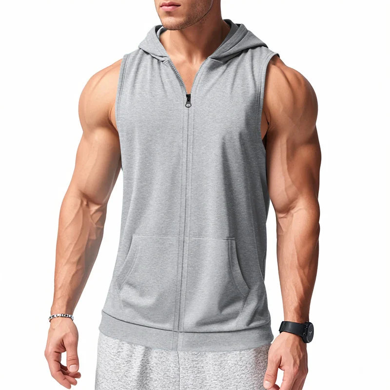 Summer Men's Hooded Zipper Tank Tops Casual Fitness Sports Vest Fashion Zipper Sleeveless Cardigan Tees Tops Male running Vest