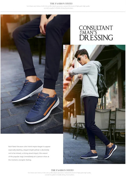 Lace-Up Leather Sneaker, Vulcanized, Waterproof, Men's Casual Shoes