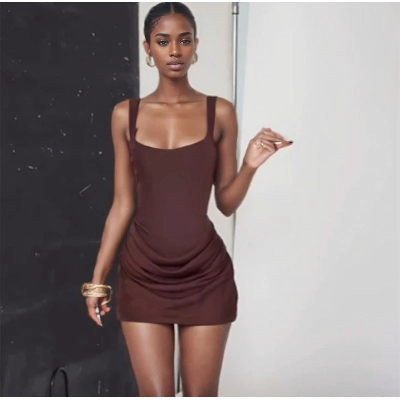 Women Square-neck Halter Mini Dress Sexy Pleated Sleeveless Backless High Waist Bodycon Dresses 2025 New Summer Lady Party Robes