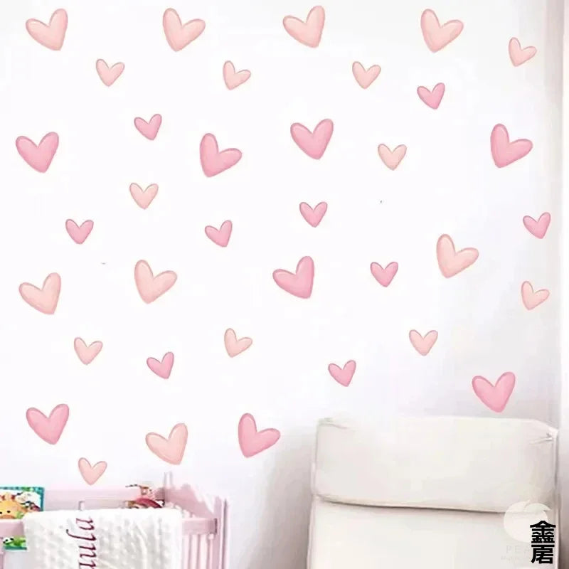 60Pcs Soft Pink Big Small Heart Shape Wall Stickers for Waterproof Removable PVC  Home Decoration