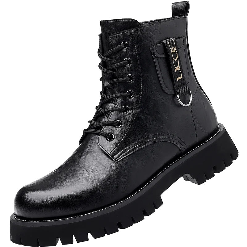 Mens Genuine Leather Motorcycle Boots Mid Calf With Thick Sole