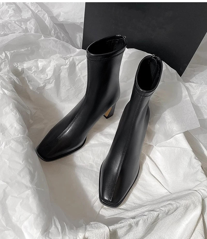Vintage Warm Cotton Women Ankle Boots Fashion Elegant Square Toe Shoes Autumn Winter Thick Heel Women's Short Booties