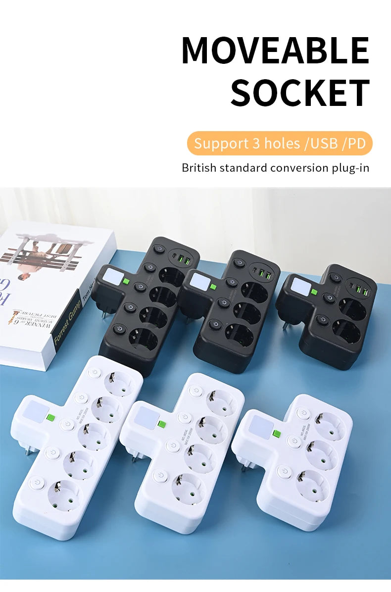 EU Plug Power Strip 4 AC Outlets 2 USB 1 Type-C Ports Two specifications Independent switch with small night light