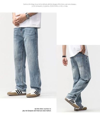 Men's Loose Straight Jeans, Light Blue, Casual Minimalist
