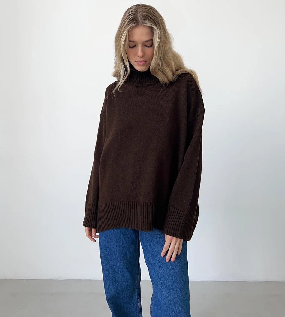 Women's Oversized Turtleneck Knitted Sweater Regular Length Soft Knit