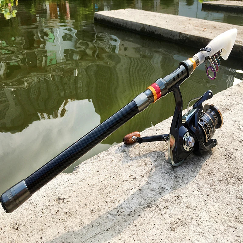 Spinning Fishing Rod and Reel Combo 1.8-3.6m Carbon Fiber Sea Pole and 5.2:1 Gear Ratio Metal Spool with Line Kits for Bass Carp