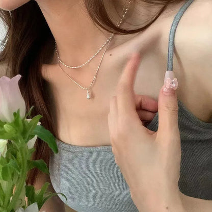 Silver Drop Pendant Necklace For Women Long Layered Double Collar Chain