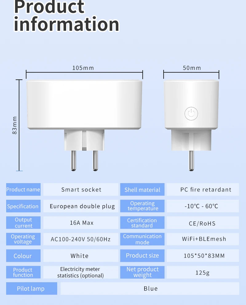 Tuya Wifi Smart Dual Plug Socket Eu 16A 20A 2 in 1 Function with Power Monitor Voice Control Smart Life Works with Alexa Google