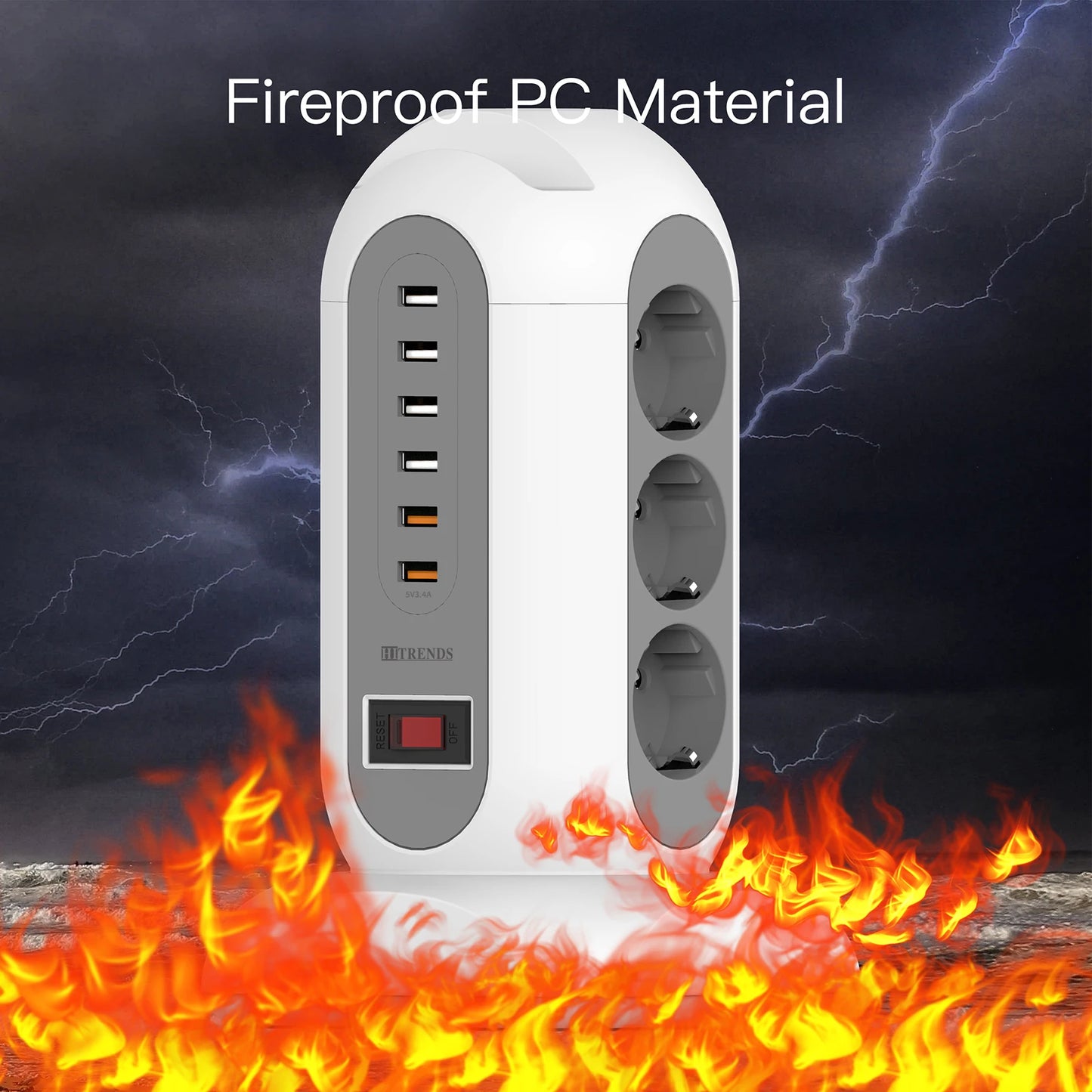 9 way Multiple Socket Power Strip with 6 USB Vertical EU Outlets Tower Socket with 1.8M Extension Cord Surge Protection for home