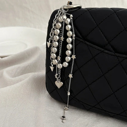 Pearl Beaded Keychain With Peach Heart Bead And Zinc Alloy Chain