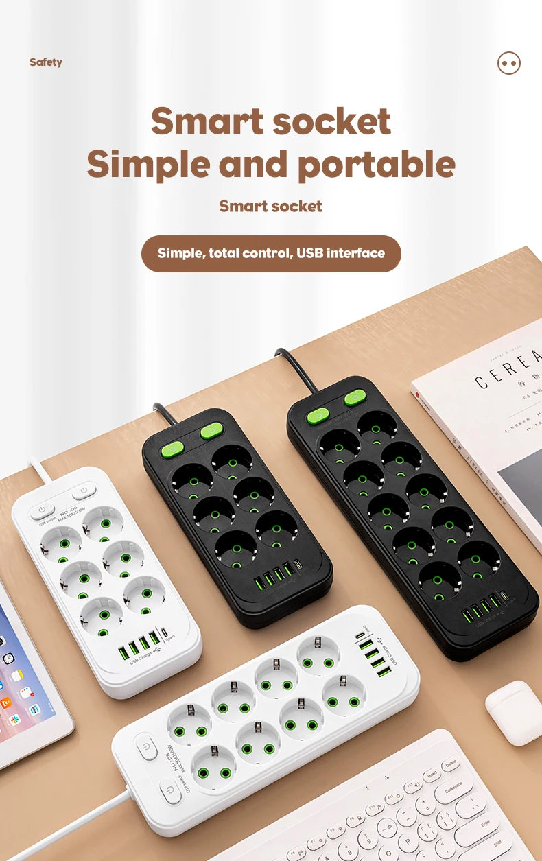 EU Plug Power Strip 6 AC Outlet Multitap Extension With 5 USB Ports 3m Cord Electrical Socket 2500W Fast Charge Surge Protector