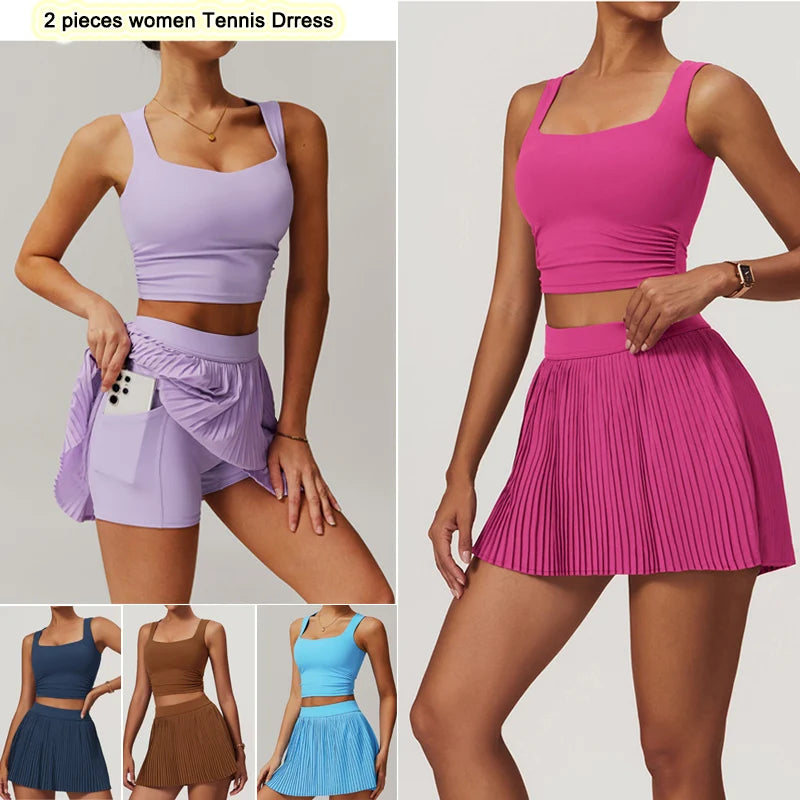 VITALINOVO Tennis Dress for Women 2 Pieces High Waisted Pleated Skirt Sets Racerback Padded Workout Crop Tank Tops Golf Workout