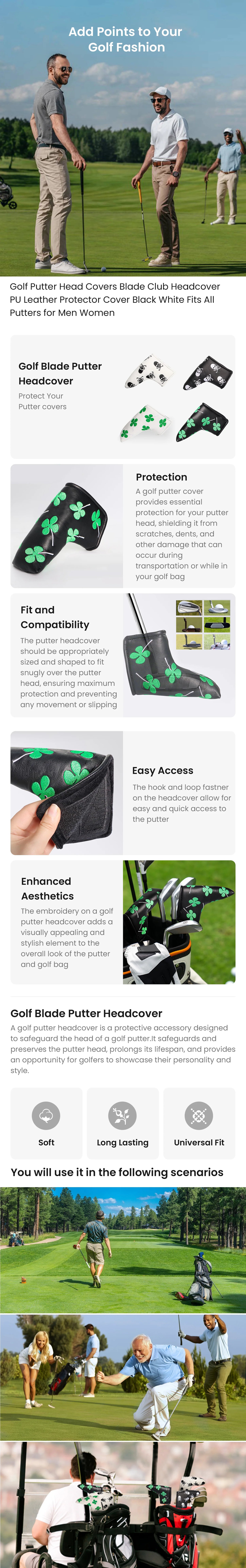 Golf Putter Head Covers Blade Club Headcover PU Leather Protector Cover Black White Fits All Putters for Men Women