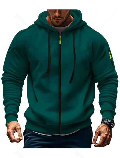 Men's Zippered Hoodie Sweatshirt, Long Sleeve, Slim Fit, Polyester