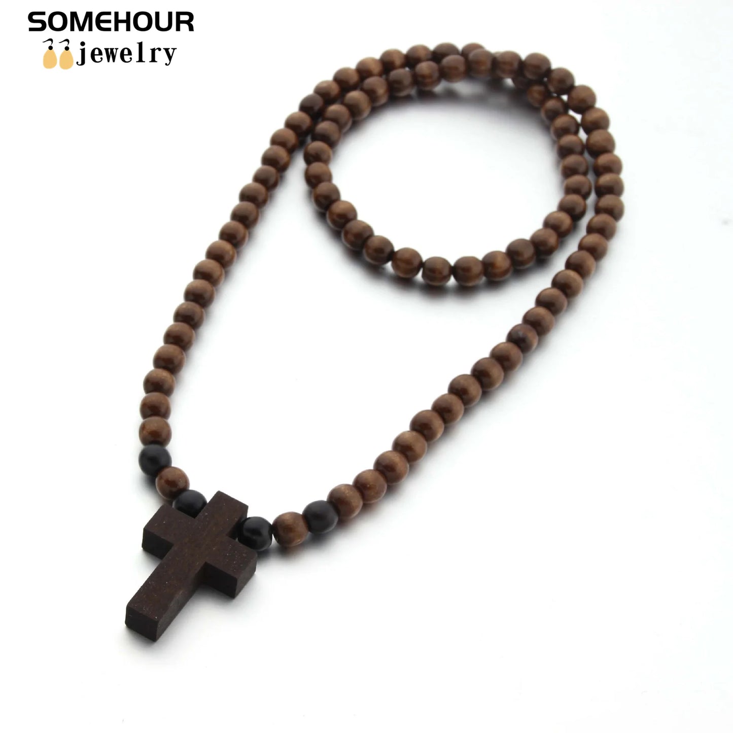 Wood Bead Cross Necklace & Bracelet Set – Religious Accessories for All
