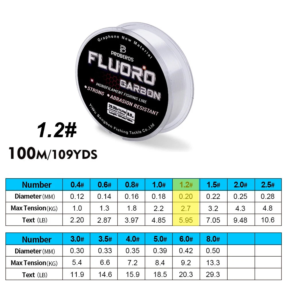 PROBEROS 100M Fluorocarbon Coating Fishing Line 2.2LB-29.3LB Carbon Fiber Monofilament Leader Line Carp Fishing Sinking Line