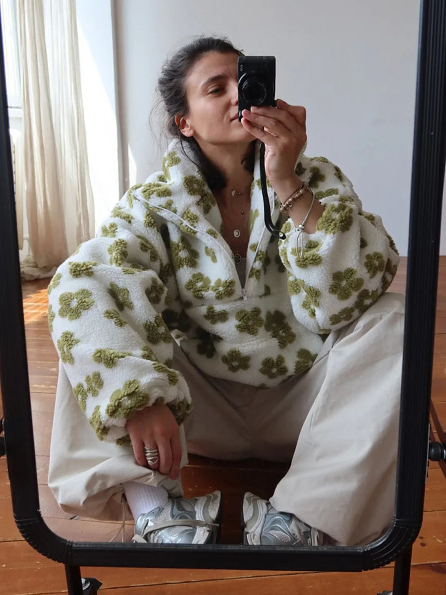 Blubelle New Autumn Winter Women's Sherpa Floral Pullover Hoodies Half Zip Style Loose Fit Warm Stylish Sweatshirt