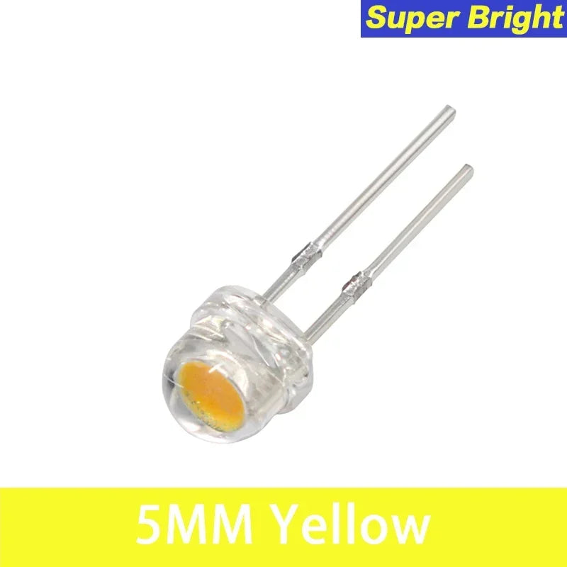 100pcs LED Diode F5 Super Bright Straw Hat LED 5mm Light Emitting Diodes Blue Green Red Yellow White, for DIY Electronic