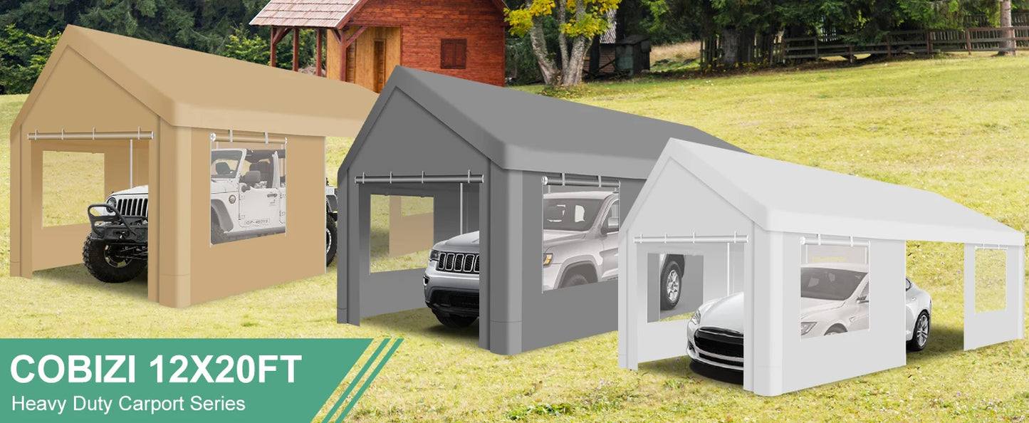 Carport Canopy 12x20 Heavy Duty Portable Garage with Roll-Up Ventilation Windows & Doors,Removable Sidewalls Car Canopy Car Tent