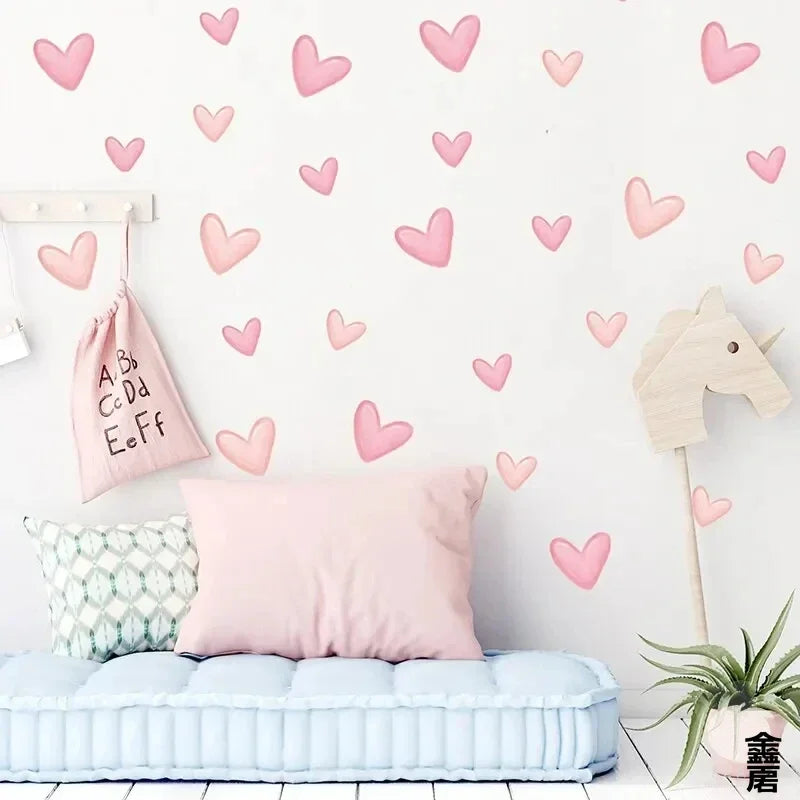 60Pcs Soft Pink Big Small Heart Shape Wall Stickers for Waterproof Removable PVC  Home Decoration