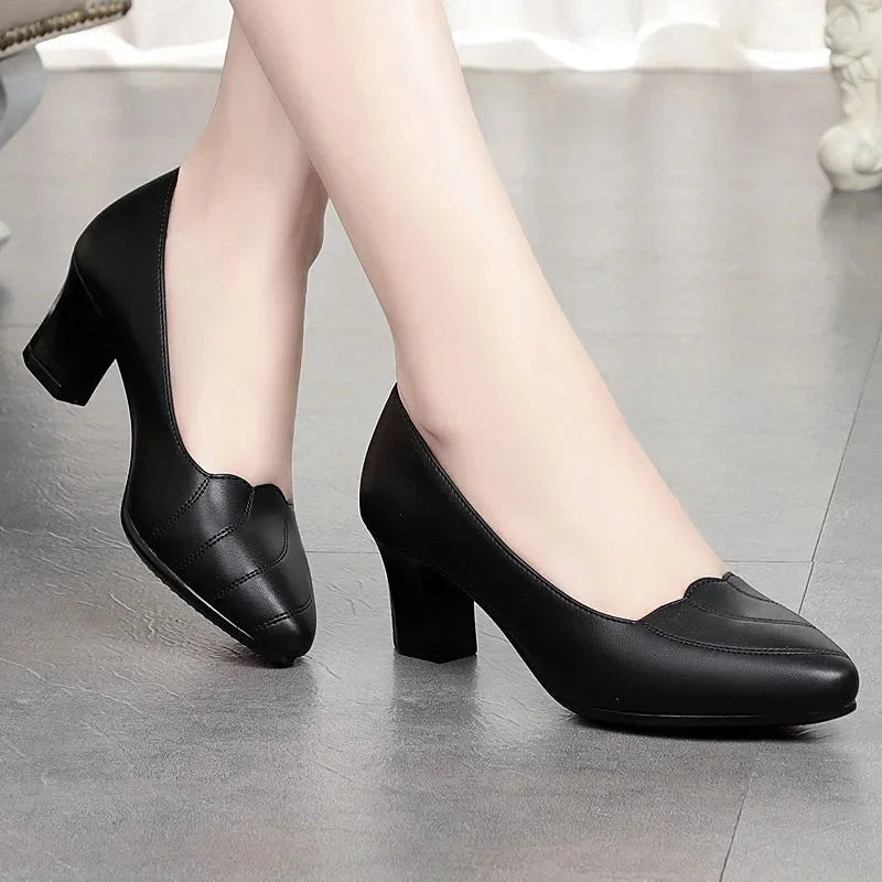 Plus Size Women's Black PU Leather Slip-On Pumps, Round Toe, Square Heel