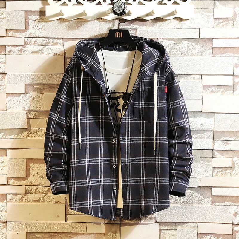 Hooded Cardigan Shirts Men Single Breasted T Shirt Long Sleeve Hooded Blouses Plaid Casual Shirts Pockets Outerwear Loose