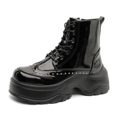 Mid-Calf Leather Motorcycle Boots With Rivet And Lace-Up 4.5 cm Thick Sole