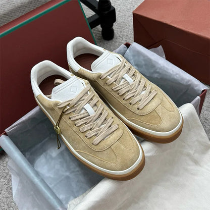 Men's Genuine Leather Lace Up Round Toe Trainer Shoes White