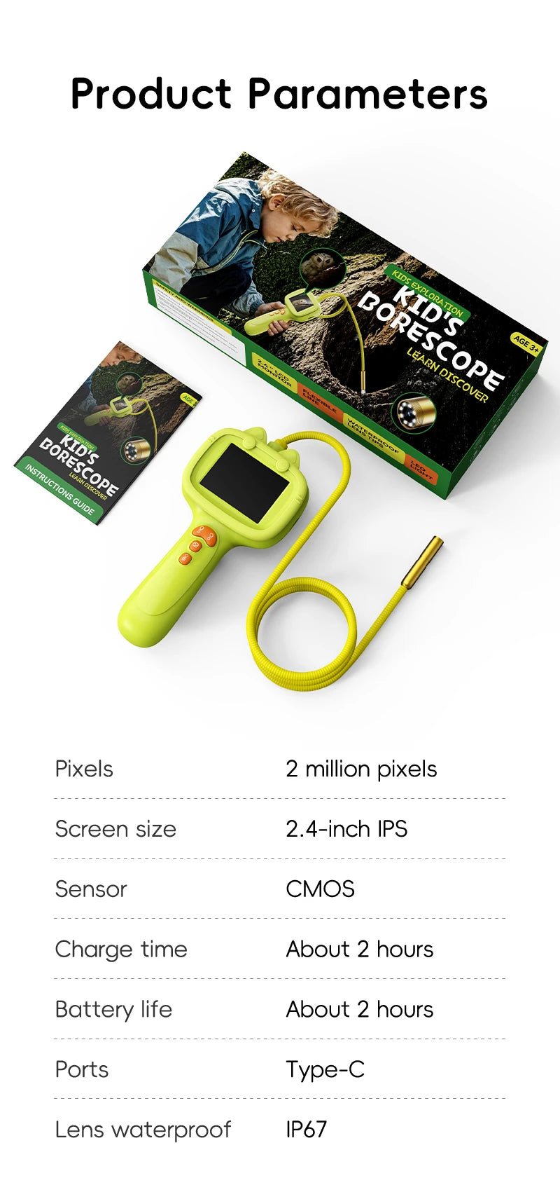 Kids Borescope Snake Camera with Light Outdoor STEM Educational Toy Endoscope Science Gift for Boys Girls Camping Explore Nature