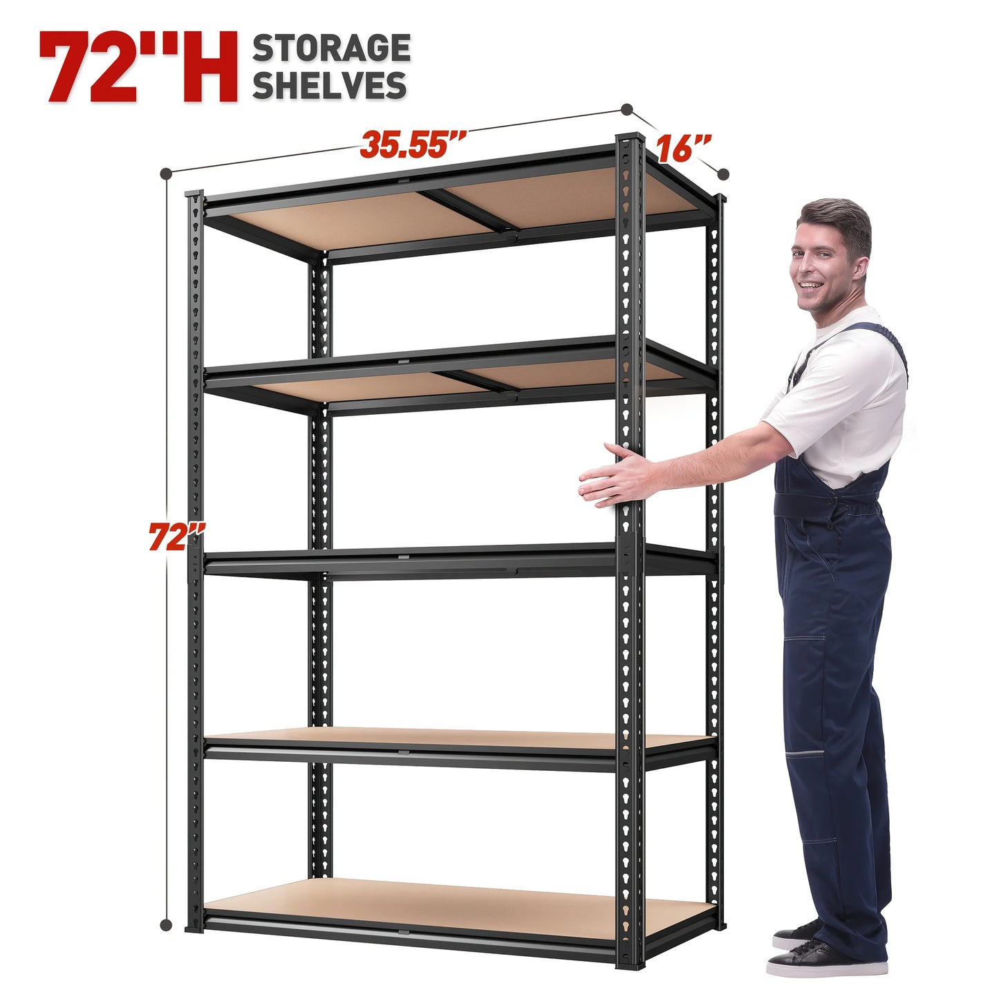 5-Tier Heavy Duty Shelving Unit 2000LBS Capacity - 72"W x 36"D x 16"H Industrial Storage Rack, Matte Black Garage Shelves