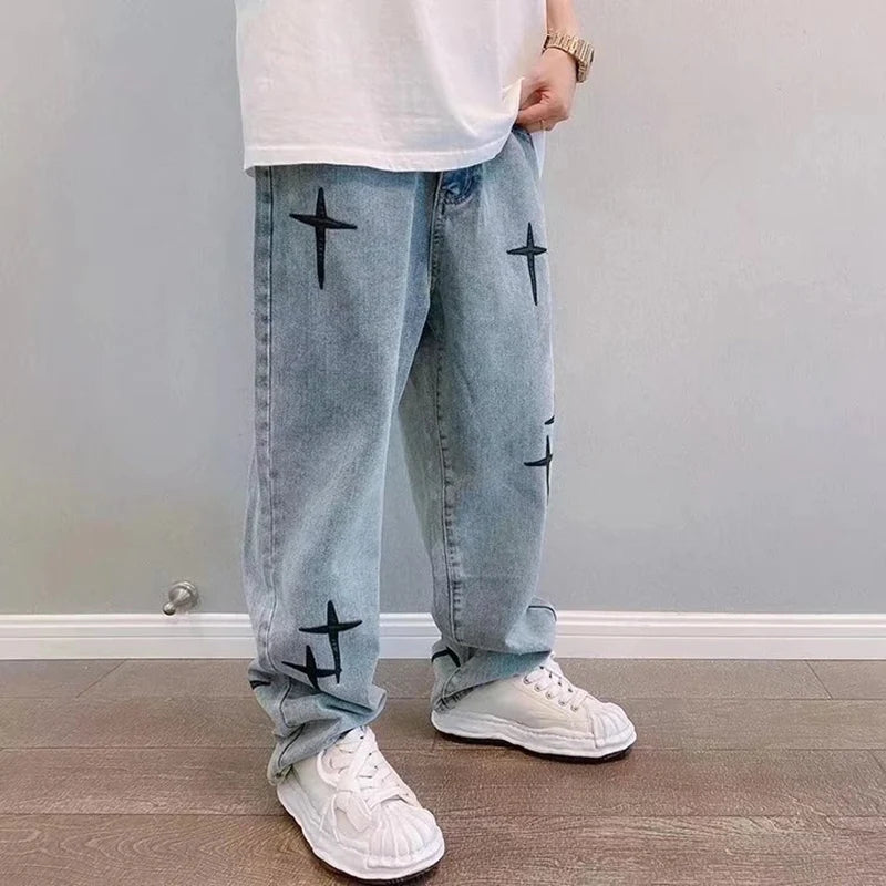 Men's Denim Cargo Jeans, Loose Wide-Leg, Casual Streetwear