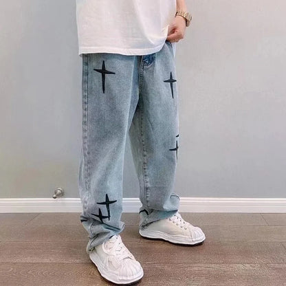 Men's Denim Cargo Jeans, Loose Wide-Leg, Casual Streetwear