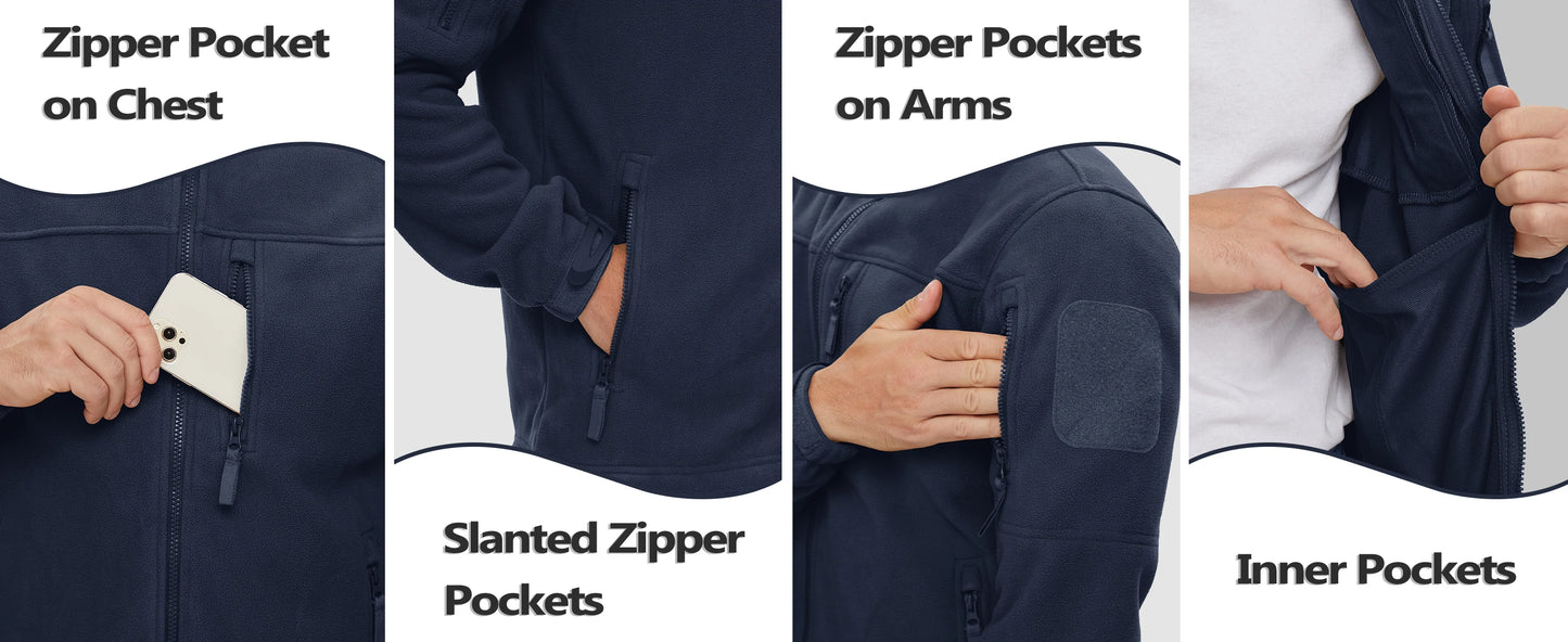 TACVASEN Men's Fleece Jacket Soft Warmth Windproof Full Zip Up Coat Multiple Zipper Pockets Hiking Working Outdoors Windbreaker