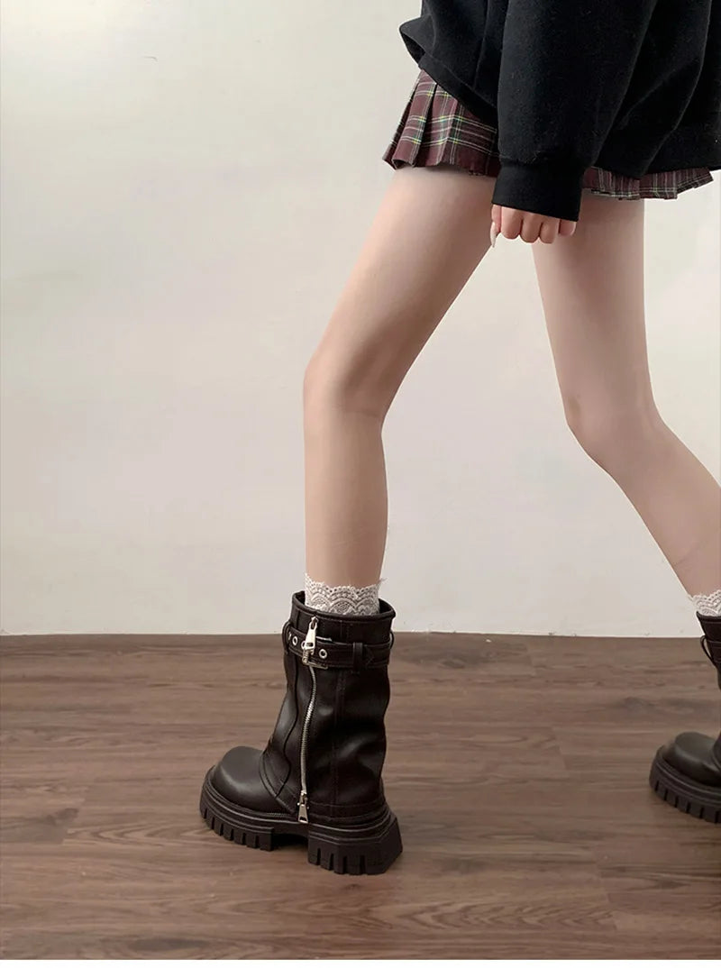 Winter Women Biker Boots Fashion Belt Buckle Ladies Elegant Platform Flats Short Booties Casual Women's Knight Booties