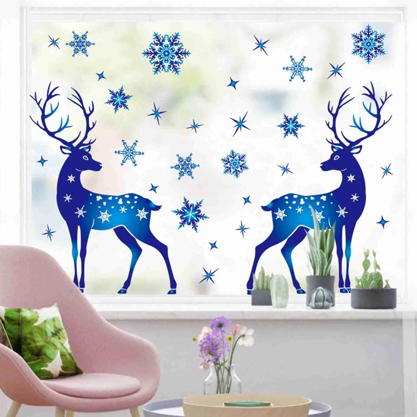 Holiday Window Clings – Blue Snowflake & Elk Christmas Static Stickers for Festive Wall & Glass Decor
