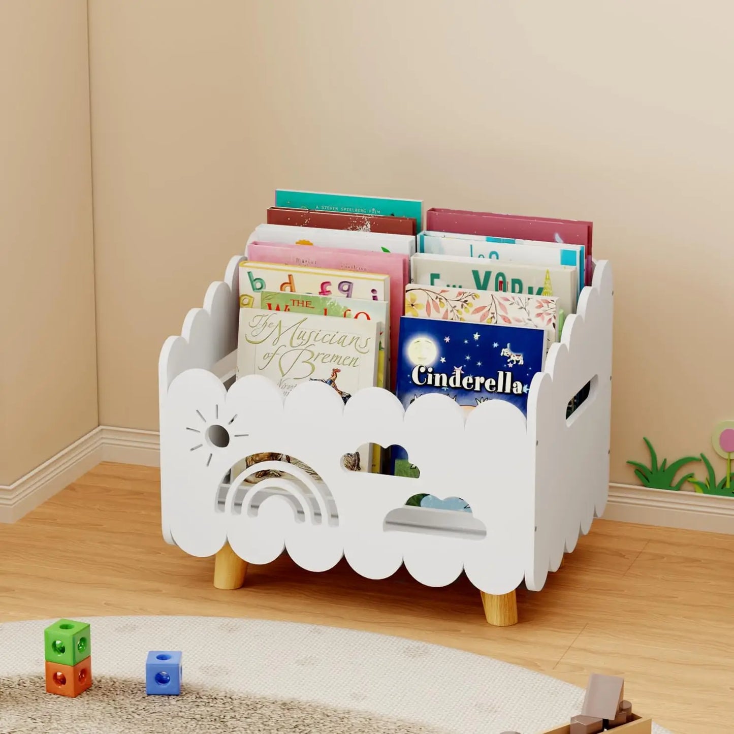 Kids Wooden Bookshelf with Adjustable Dividers, Montessori Style for Room & Classroom Storage
