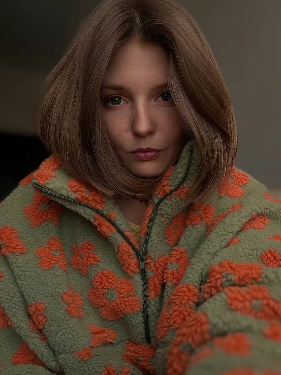 Blubelle New Autumn Winter Women's Sherpa Floral Pullover Hoodies Half Zip Style Loose Fit Warm Stylish Sweatshirt