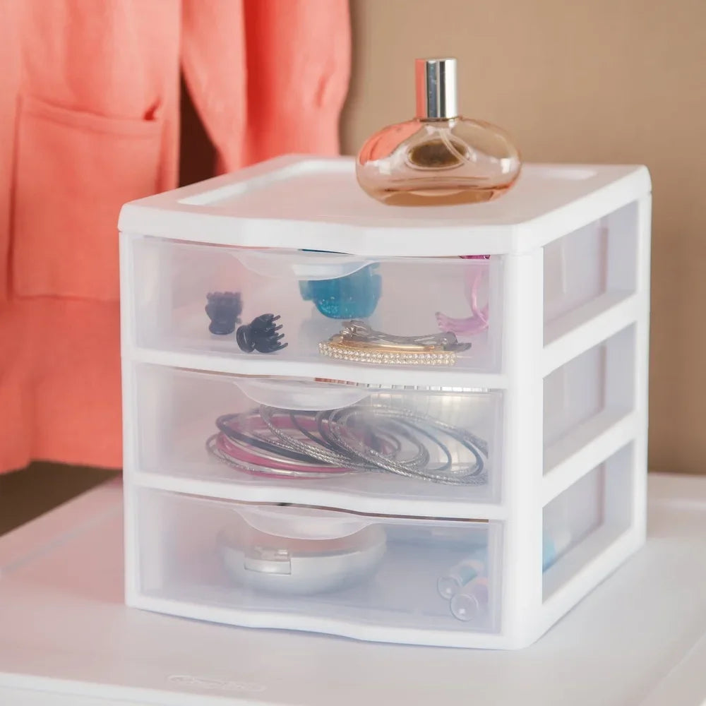 Small 3 Drawer Storage Unit Plastic Stackable Organizer Clear Front Drawers Desktop Container Office Home Crafts Makeup
