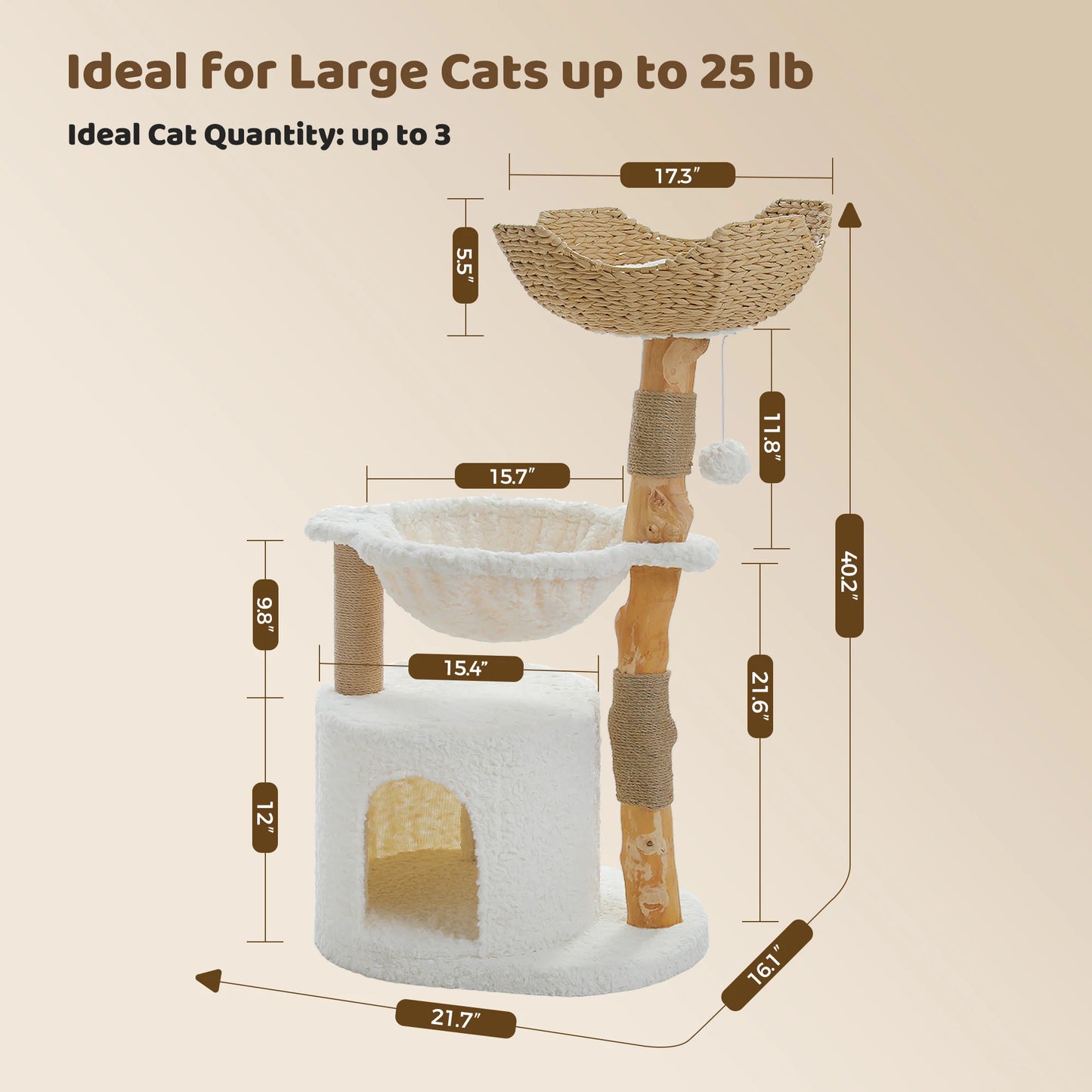 Solid Wood Cat Tree Modern Cat Tower with Spacious Cat Condo,Flower Perches,Fun Pompom,Double Comfort Perfect for Indoor Kittes
