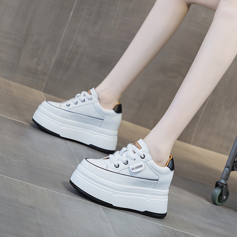 Fujin 9cm 3 inch comfortable platform sneakers for women Genuine Leather Women Vulcanized Shoes Platform High Heels Casual Shoes