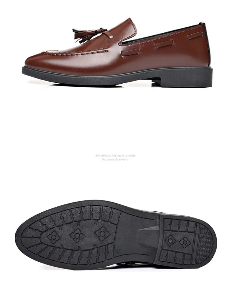 Mens Casual Leather Loafers Tassel Large Size One Pedal